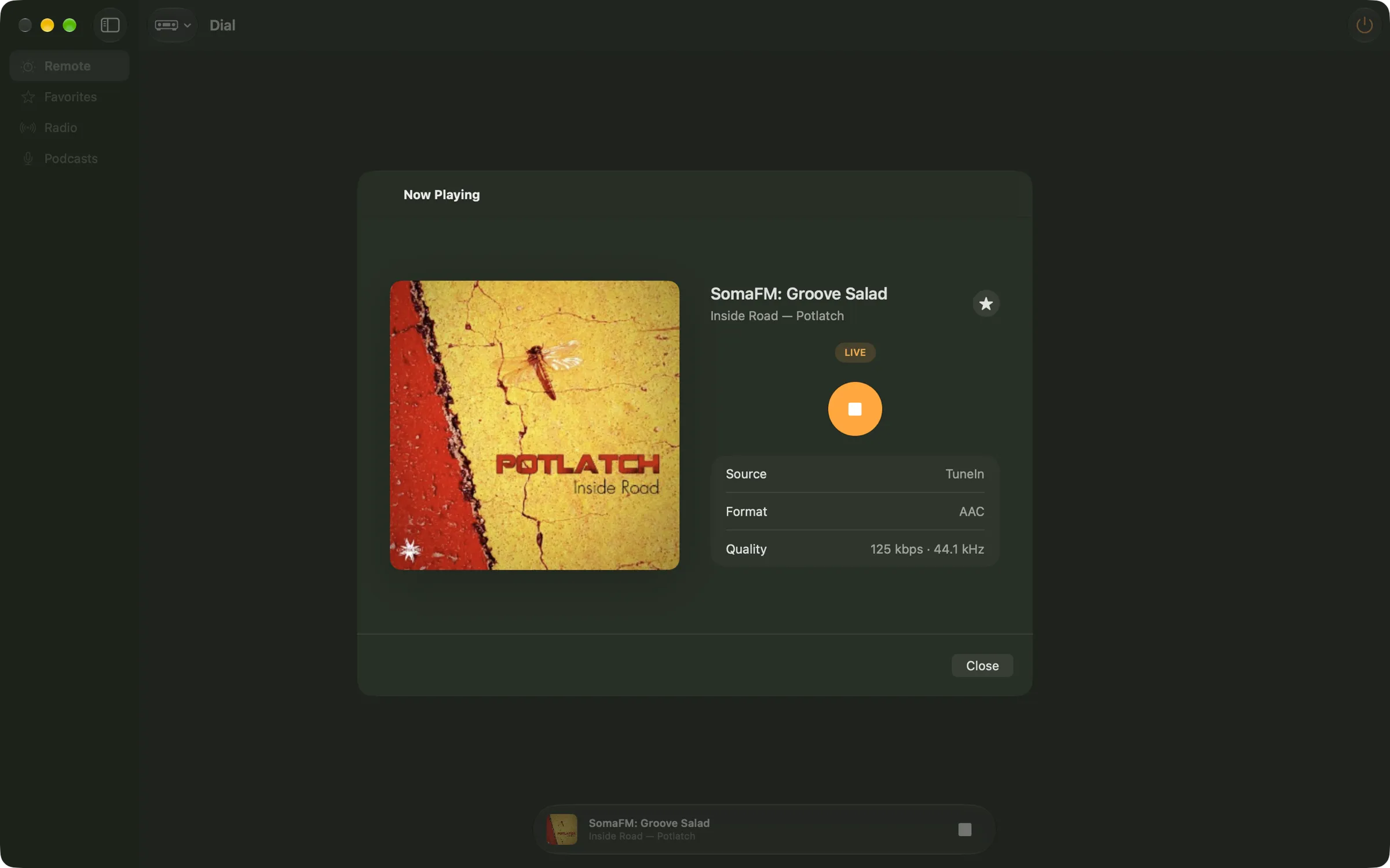 Dial on the Mac, playing SomaFM: Groove Salad