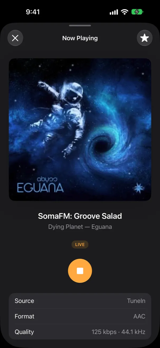 Now Playing on iPhone: SomaFM: Groove Salad, with the stream's format and quality